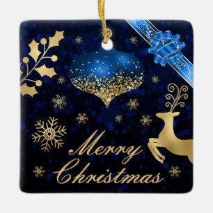 Blue & Gold Glitter Christmas bauble and Ribbon Ceramic Ornament