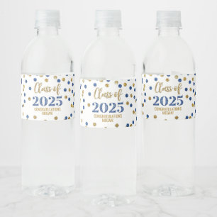 Blue Gold Glitter Class of 2025 Graduation Water Bottle Label