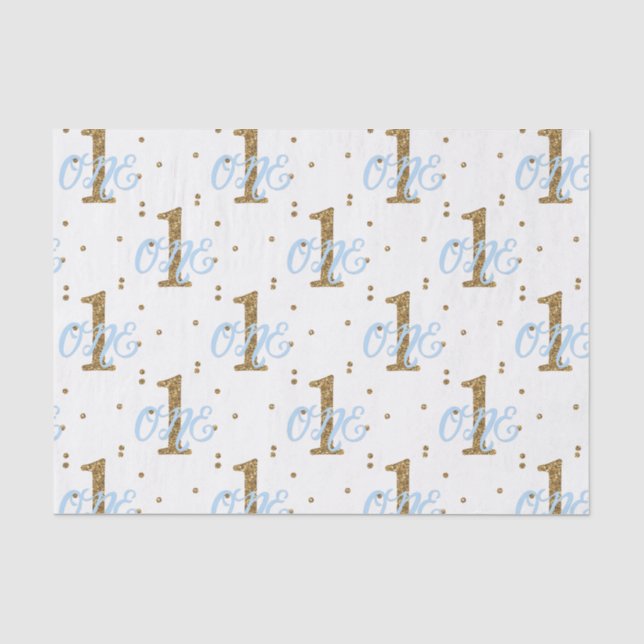 Blue & Gold Glitter Confetti 1 1st Birthday Party Tissue Paper (Front)