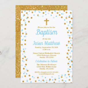 Blue & Gold Glitter Confetti Baptism Invitation