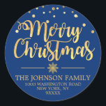 Blue Gold Glitter Confetti Merry Christmas Address Classic Round Sticker<br><div class="desc">Lovely personalized calligraphy script Merry Christmas Holiday return address stickers to add to your envelopes,  greeting cards and/or gifts.  BLUE background (can be changed to any colour) colour with faux gold glitter confetti and snowflake.  Perfect for any holiday occasion. Editable template labels.</div>