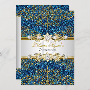 Blue Gold Glitter Damask Quinceanera Invite