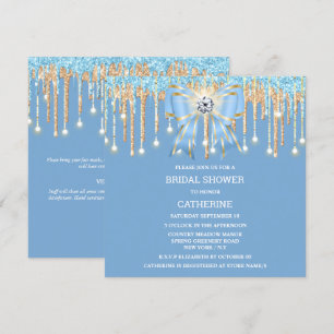Blue gold glitter diamond bow shimmer lights  invitation
