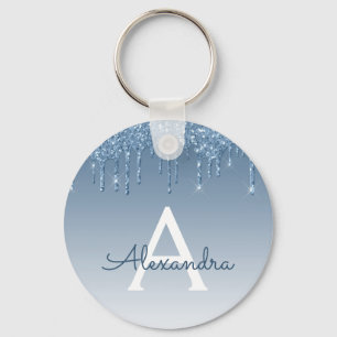 Blue Gold Glitter Drips Sparkle Monogram Keychain