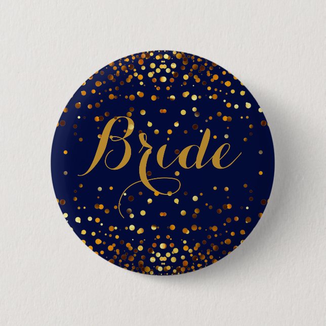 Blue Gold Glitter Faux Foil Confetti Dot Bride 2 Inch Round Button (Front)