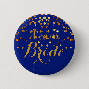 Blue Gold Glitter Faux Foil Wedding Team Bride 2 Inch Round Button