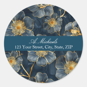 Blue Gold Glitter Flowers Round Address Label