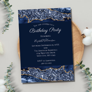 Blue Gold Glitter For Her Birthday Invitation