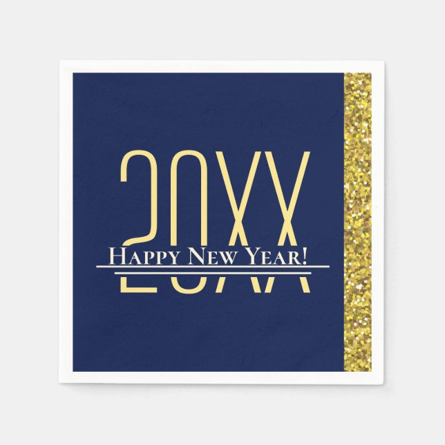 Blue Gold Glitter Happy New Years Holiday Napkins (Front)