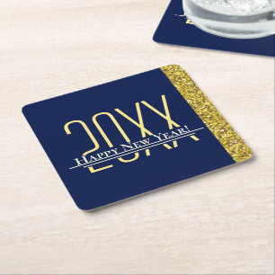 Blue Gold Glitter Happy New Years Holiday Square P Square Paper Coaster