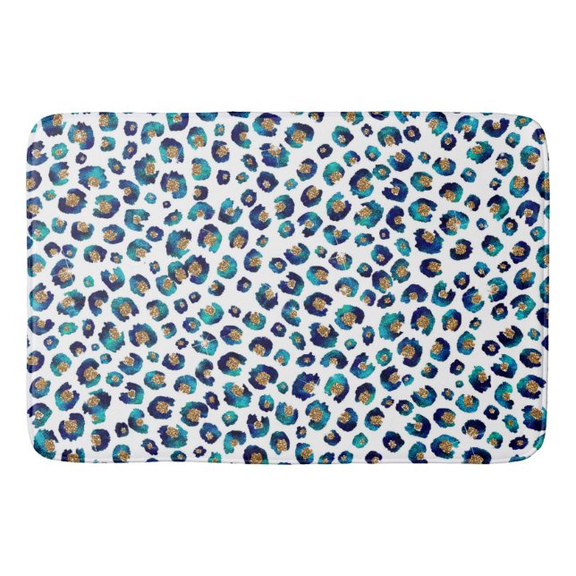 Blue Gold Glitter Leopard Pattern Bath Mat (Front)
