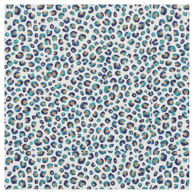 Blue Gold Glitter Leopard Pattern Fabric (Close Up)