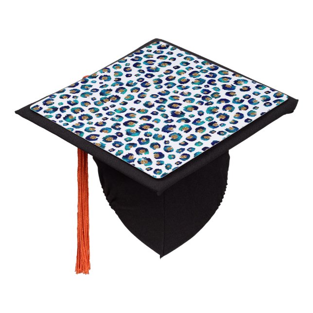 Blue Gold Glitter Leopard Pattern Graduation Cap Topper (Angled)