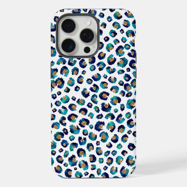 Blue Gold Glitter Leopard Pattern iPhone Case (Back)