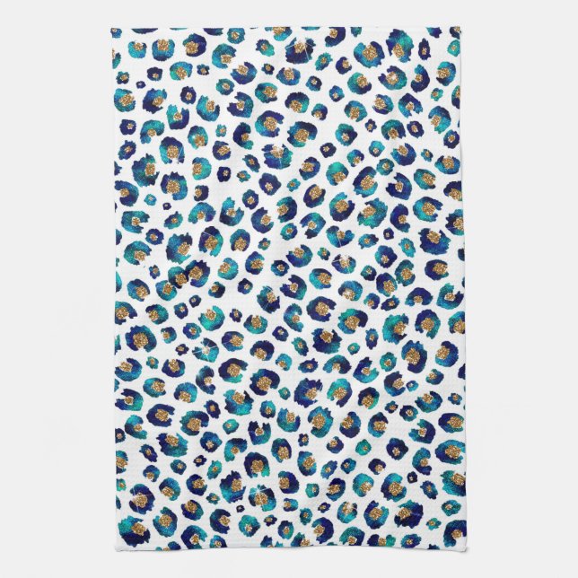 Blue Gold Glitter Leopard Pattern Kitchen Towel (Vertical)