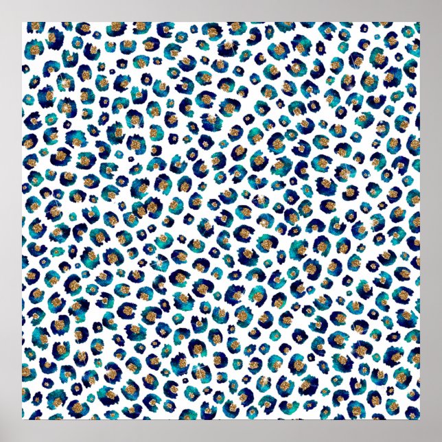 Blue Gold Glitter Leopard Pattern Poster (Front)