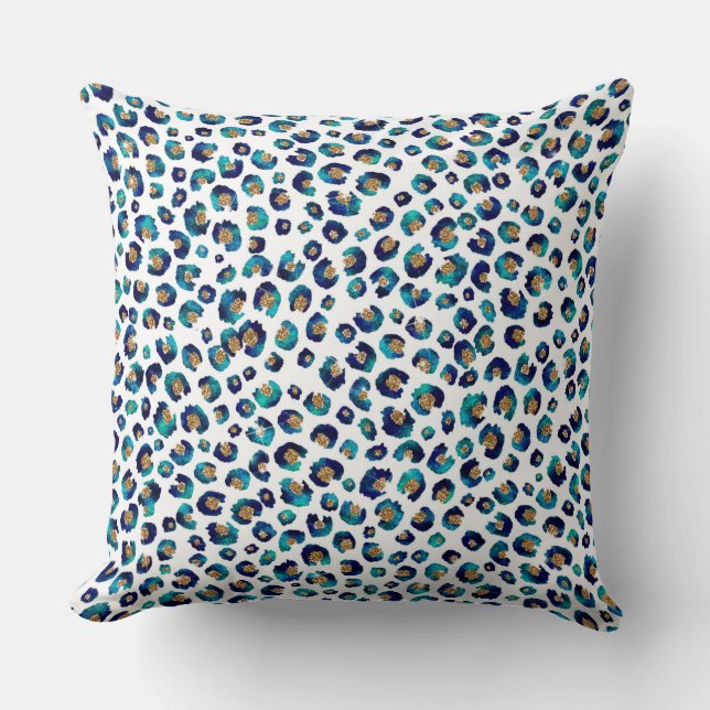 Blue Gold Glitter Leopard Pattern Throw Pillow (Front)
