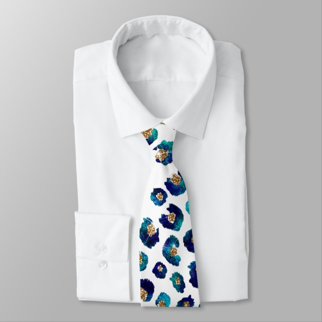 Blue Gold Glitter Leopard Pattern Tie (Tied)