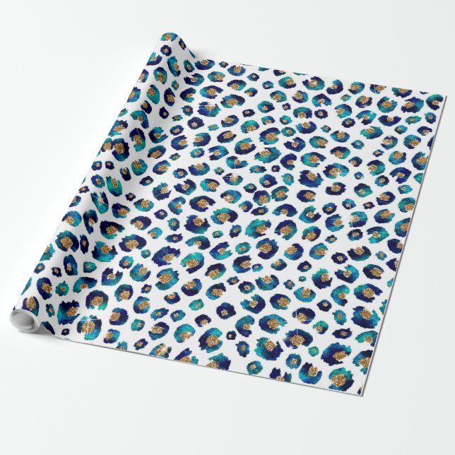 Blue Gold Glitter Leopard Pattern Wrapping Paper (Unrolled)