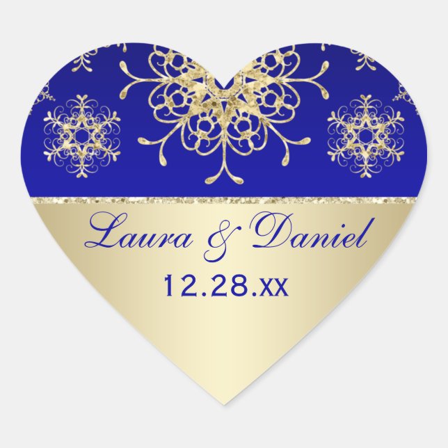 Blue, Gold Glitter LOOK Snowflake Wedding Sticker (Front)