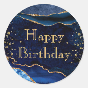 Blue & Gold Glitter Marble Agate Birthday Classic Round Sticker