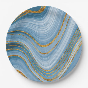 Blue Gold Glitter Marble Elegant Abstract  Paper Plate