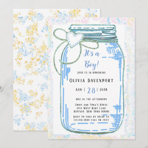Blue Gold Glitter Mason Jar Boy Baby Shower Invitation