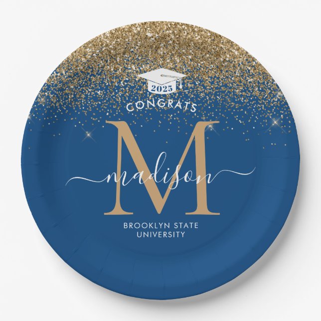 Blue Gold Glitter Monogram Grad Graduation Party Paper Plate (Front)