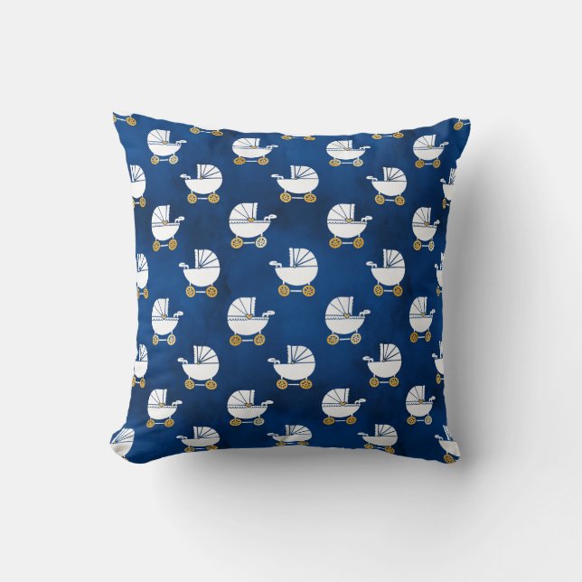 Blue Gold Glitter Nursery Baby Carriage Pattern Throw Pillow (Front)