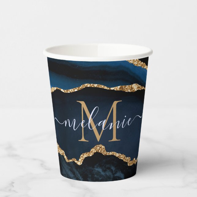 Blue Gold Glitter Paper Cups Custom Name Letter (Left)