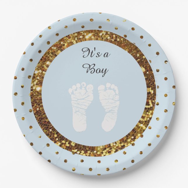 Blue & Gold Glitter Personalized  Paper Plates (Front)