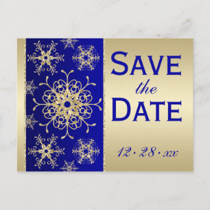 Blue, Gold Glitter Snowflakes Save Date Postcard
