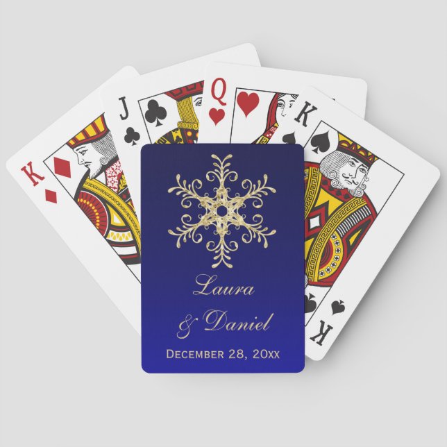 Blue Gold Glitter Snowflakes Wedding Playing Cards (Back)