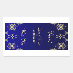 Blue, Gold Glitter Snowflakes Wine Label Sticker