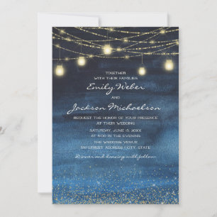 Blue Gold Glitter String Light Lantern Wedding Invitation