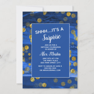 Blue Gold Glitter Surprise Birthday Party Invitation