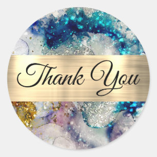 Blue gold glitter watercolor Thank you  Classic Round Sticker