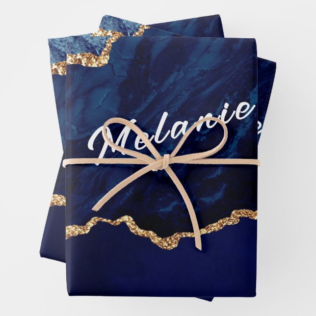 Blue Gold Glitter Wrapping Paper Sheets Your Name (In situ)