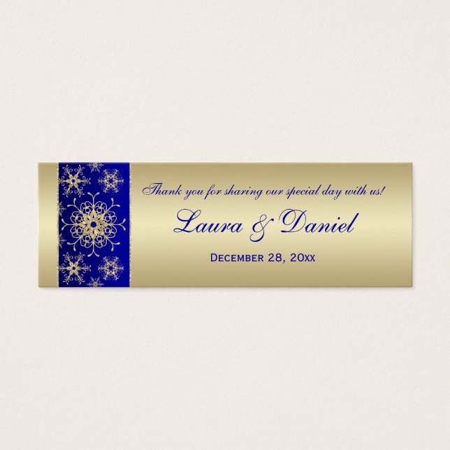 Blue, Gold Glittery Snowflakes Wedding Favour Tag  (Front)