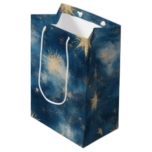 Blue Gold Glitzy Stars Sky Birthday Medium Gift Bag