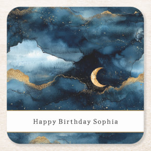 Blue Gold Glitzy Stars Sky Birthday Square Paper Coaster