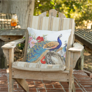 Blue Gold Gold Feather Peacock Bird Floral Patio Outdoor Pillow