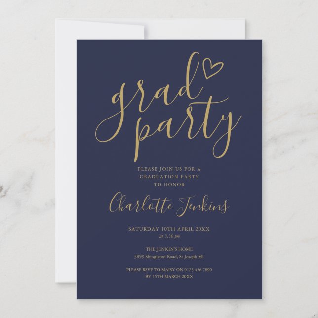 Blue Gold Grad Party Script Heart Graduation Party Invitation (Front)
