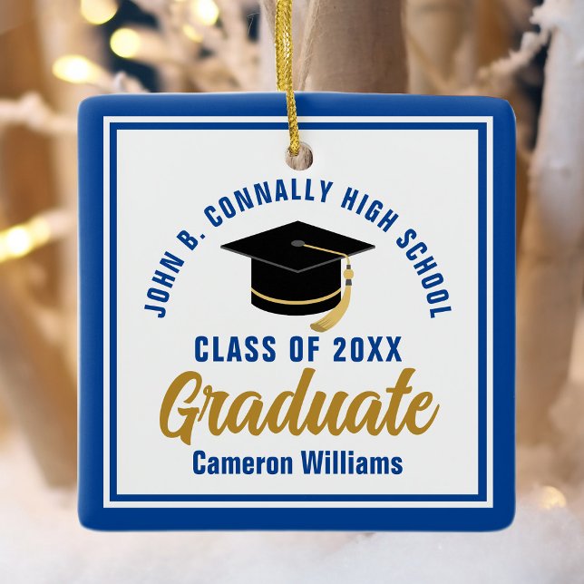 Blue Gold Graduate 2025 Personalized Christmas Ceramic Ornament (Creator Uploaded)