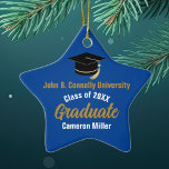 Blue Gold Graduate Custom 2025 Graduation Star Ceramic Ornament<br><div class="desc">This modern blue and gold custom graduation star Christmas ornament features classy typography of your university or college name for the class of 2025. Customize with your graduating year under the chic handwritten script and black grad cap for a great personalized graduate gift</div>