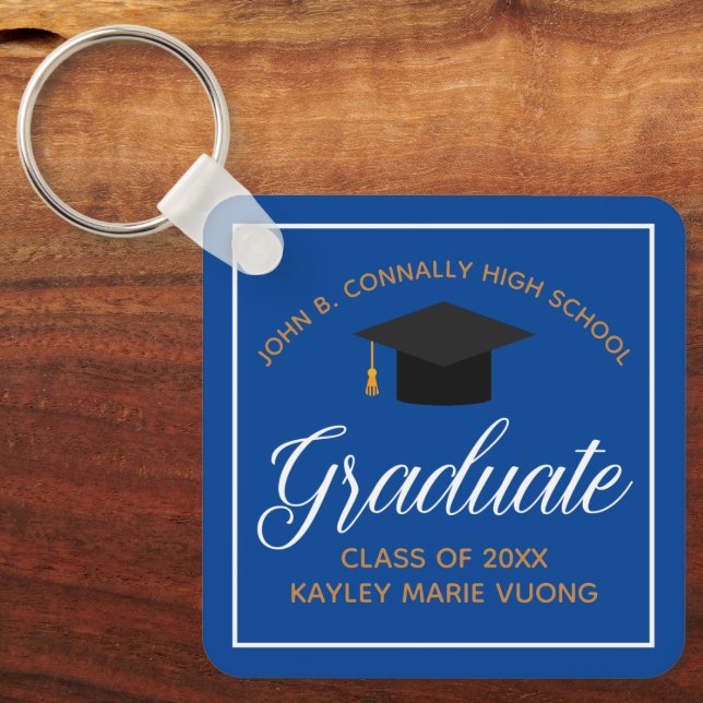 Blue Gold Graduate Custom Graduation Gift Keychain (Front)