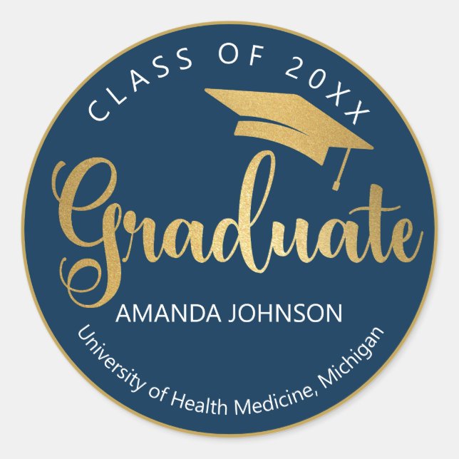 Blue Gold Graduate Name Graduation  Classic Round Sticker (Front)