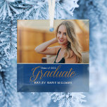 Blue Gold Graduate Photo Chic Graduation Christmas Glass Ornament<br><div class="desc">A classy custom photograph graduation Christmas ornament in blue for a high school,  college,  or university from the class of 2025. Customize with your name in white under the lovely gold calligraphy for a great personalized graduate photo gift with your senior portrait.</div>