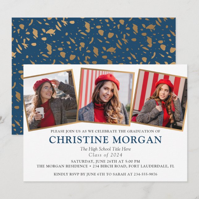 Blue Gold Graduate Photo Graduation Announcement (Front/Back)