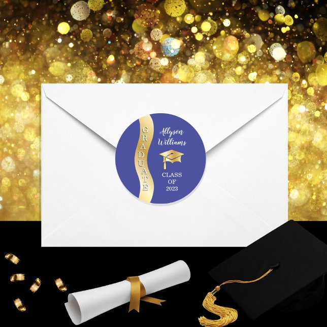 Blue | Gold Graduate Wave Grad Cap Classic Round Sticker (Creator Uploaded)